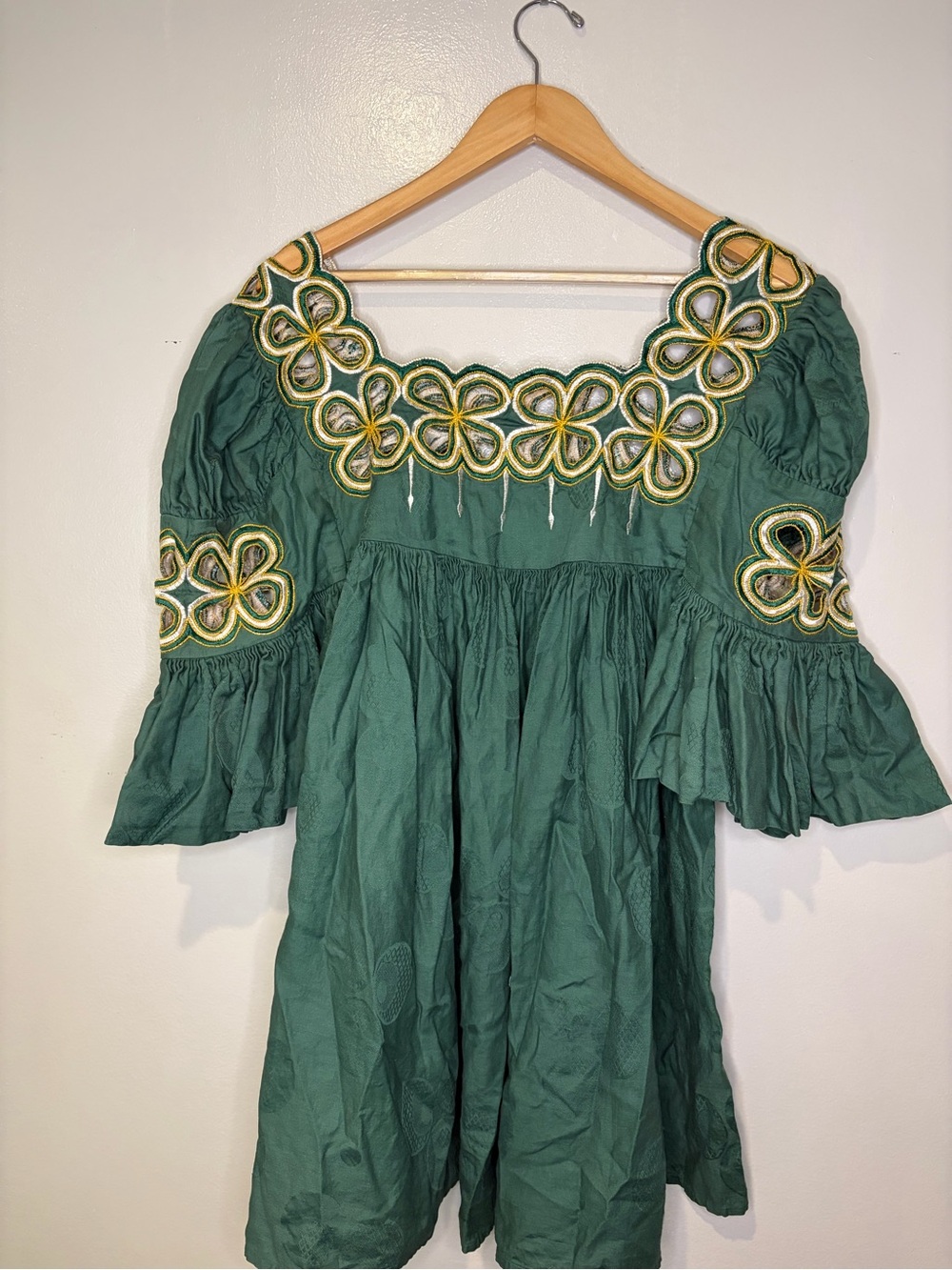 Vintage Homemade Babydoll Embroidered Green Boho Peasant Dress